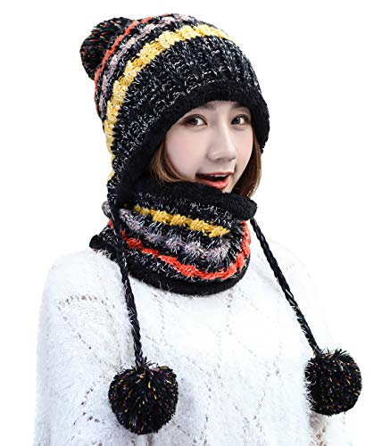 Product Cover Fleece Lined Women Knit Beanie Scarf Set Girls Winter Ski Hat with Earflap Pompom