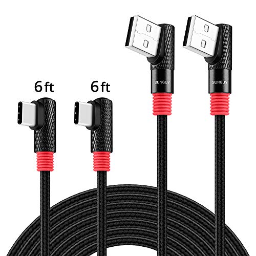 Product Cover USB C Right Angle Cable,SUNGUY (2-Pack,6ft x2) Braided Max 5V/2.4A 12W 90 Degree USB-C Charging Data Sync Cable for Samsung Galaxy S9 S8 Plus,Google Pixel 2XL,OnePlus 6,Sony Xperia XA2 and More