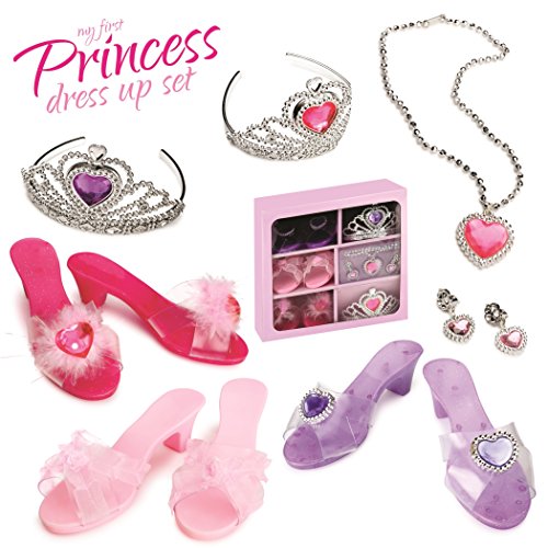 Product Cover Dress Up America Dress Up Shoes for Little Girls - Princess Dress Up Set Includes Jewlery and 3 Pairs of Princess Shoes, 2 Tiaras, Earrings and Necklace, Little Girl and Toddler Role-Play Gift Set