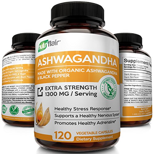 Product Cover Organic Ashwagandha Capsules 1300MG with Black Pepper, 120 Veggie Capsules - Natural Root Powder Supplement for Stress & Anti Anxiety, Mood Enhancer, Immune, Energy, Thyroid Support, Adrenal Support
