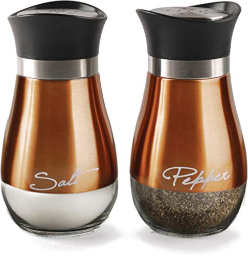 Product Cover Circleware Cafe Contempo Elegant Glass Salt and Pepper Shakers Dispenser, Clear Bottom Jar Bottle Container with Stainless Steel Top, Perfect for Himalayan Seasoning Herbs Spices, 4.4 oz, Copper