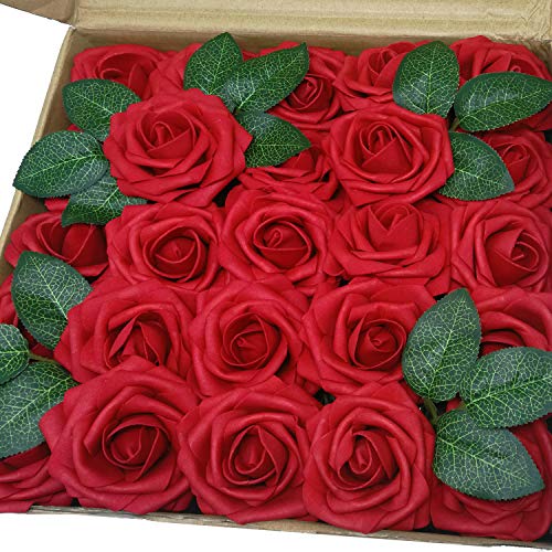 Product Cover J-Rijzen Jing-Rise Artificial Flowers 50pcs Real Looking Dark Red Fake Roses for Wedding Flowers Centerpieces Bridal Bouquet Wedding Cake Home Decorations (Dark Red)