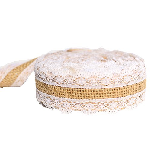Product Cover Burlap Ribbon Burlap Fabric Lace Ribbons, JmYo Ribbons for Crafts, 1in Wired Ribbon Roll 5.5yard White Lace Burlap Ribbons Finished Edging Natural Eco-friendly for Christmas Tree, Garland, Mason Jars,