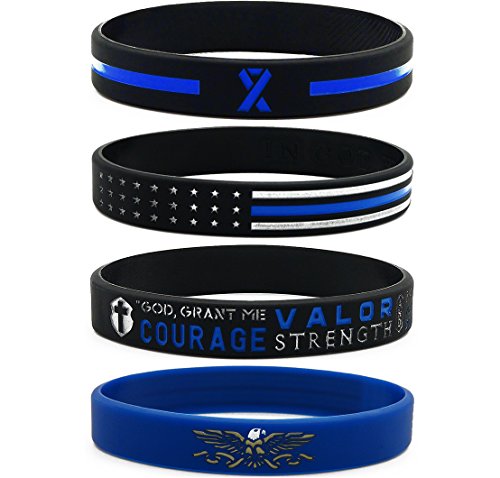 Product Cover Inkstone Thin Blue Line Silicone Wristband Set with Policeman's Prayer and American Flag - Law Enforcement Jewelry Gifts Accessories for Police Officers Cops