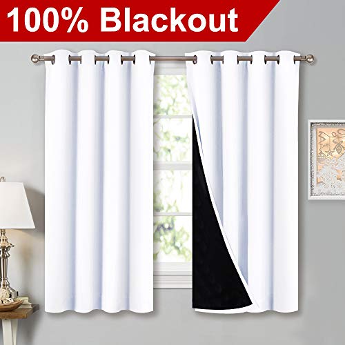 Product Cover NICETOWN White 100% Blackout Lined Curtains, 2 Thick Layers Completely Blackout Window Treatment Thermal Insulated Drapes for Kitchen/Bedroom (1 Pair, 52 inches Width x 63 inches Length Each Panel)