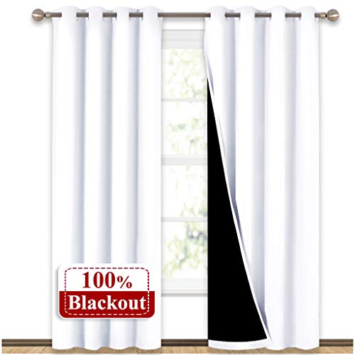 Product Cover NICETOWN 100% Blackout Window Curtain Panels, Heat and Full Light Blocking Drapes with Black Liner for Nursery, 84 inches Drop Thermal Insulated Draperies (White, 2 Pieces, 52 inches Wide Each Panel)