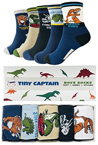 Product Cover Tiny Captain Boy Dinosaur Socks 4-7 Year Old Boys Crew Cotton Sock Perfect Age 5 Gift Set (Medium, Black and Blue)
