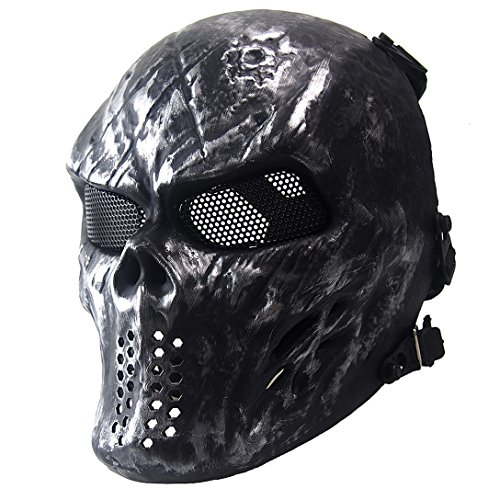 Product Cover Airsoft Mask Full Face Masks Skull Skeleton with Metal Mesh Eye Protection Army Tactical Mask for Halloween Airsoft BB Paintball Gun CS Game Cosplay and Masquerade Party Silver Gray