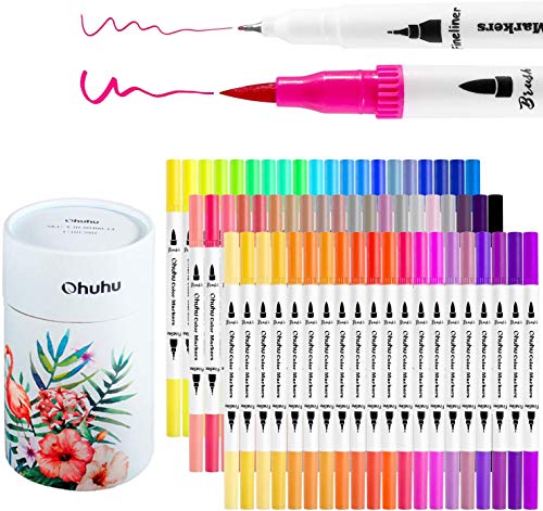 Product Cover Ohuhu Art Markers Dual Tips Coloring Brush Fineliner Color Pens, 60 Colors of Water Based Marker for Calligraphy Drawing Sketching Coloring Book Bullet Journal Art Valentine's Day Back To School Gifts