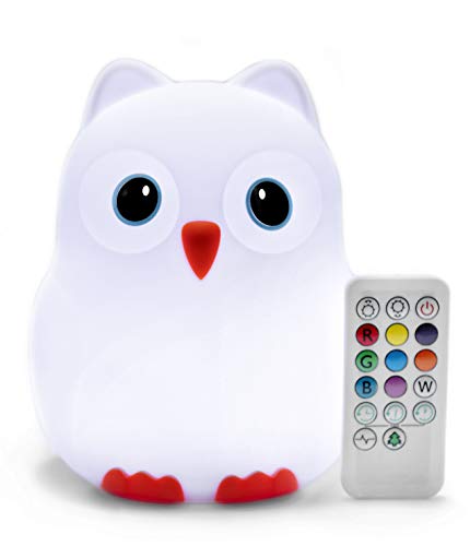 Product Cover Goodnight Owl Rechargeable Night Light for Kids & Toddlers - Multi-Color LEDs (9 Colors!), Remote Control, BPA-Free Silicone, 9 Levels of Brightness, Auto-Off Timer. Super Cute and Fun!