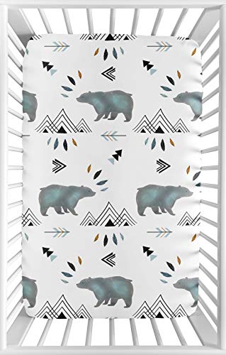 Product Cover Sweet Jojo Designs Blue White Watercolor Baby Boy Fitted Mini Portable Crib Sheet Bear Mountain Collection - for Mini Crib or Pack and Play ONLY