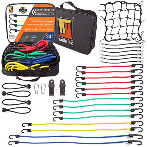 Product Cover Wellmax Bungee Cords Hook Assortment Bag, 28pc Set with Bonus Cargo Net Cover and Canopy Ties Attached with Plastic Coated Metal Hooks