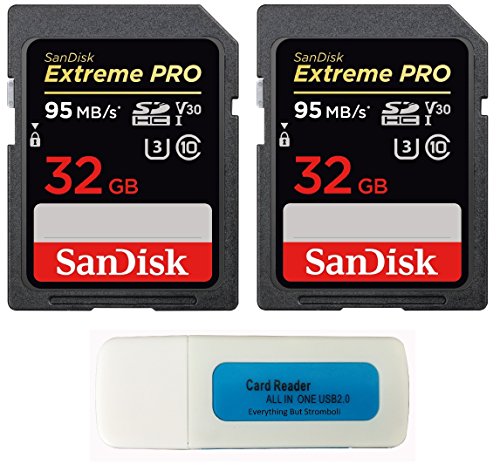 Product Cover SanDisk 32GB (Two Pack) Extreme Pro Memory Card works with Nikon D3400, D3300, D750, D5500, D5300, D500, AW130, W100, L840 Digital DSLR Camera SDHC 4K V30 UHS-I with Everything But Stromboli Reader