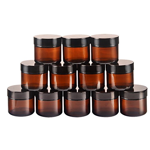 Product Cover 12 pack 2oz 2 oz Amber Glass Round Jars with White Inner Liners and black Lids.Glass Jars Prefect for Cosmetics and Face cream Lotion.