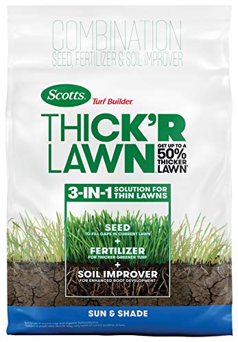 Product Cover Scotts Turf Builder Thick'R Lawn Sun and Shade, 12 lb. - 3-in-1 Solution for Thin Lawns - Combination Seed, Fertilizer and Soil Improver for a Thicker, Greener Lawn - Covers 1,200 sq. ft.