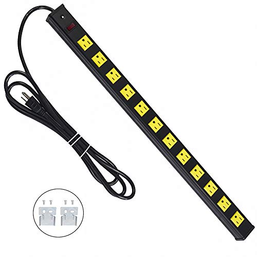 Product Cover 12 Outlets Heavy Duty Metal Socket Power Strip,Oviitech 6-Foot Long Extension Cord with Circuit Breaker. Mounting Brackets Included,Workshop/Industrial use, ETL Certified，Yellow