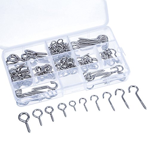Product Cover Bememo Screw Hooks and Screw Eyes Kit, Assortment Size Ceiling Hooks Cup Hooks and Eye Bolts, 150 Pieces (Silver)