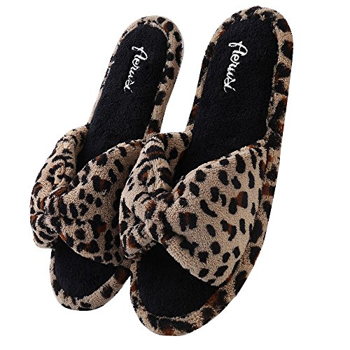 Product Cover Aerusi Women's Plush Fleece Open Toe Memory Foam Bow Spa Slip On Slippers Bedroom Indoor House Shoes (Size 9, Leopard)
