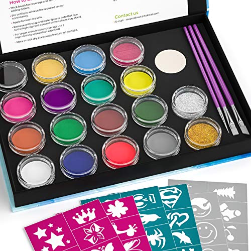 Product Cover Nicpro Face Painting Kits Professional for Kid and Adult with 48 Stencils, Facepainting Non-Toxic Water-Based Body Makeup Face Paint Set of 16 Colors & 2 Glitters 3 Assorted Paint Brushes 2 Sponges