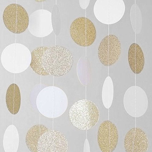 Product Cover Paper Garland, MerryNine 5 Pack 33ft Glitter Paper Garland Circle Dots Hanging Decor, Paper Banner for Baby Shower, Birthday, Nursery Party Decor (Circle Polka Dots- White Gold 5pack 33ft)
