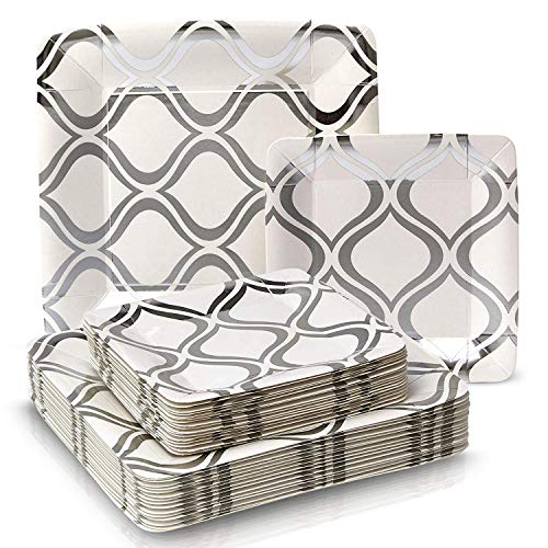 Product Cover PARTY DISPOSABLE 36 PC DINNERWARE SET | 18 Dinner Plates | 18 Salad or Dessert Plates | Heavy Duty Paper Plates | for Upscale Wedding and Dining | Square Metallic Silver - Moroccan Collection
