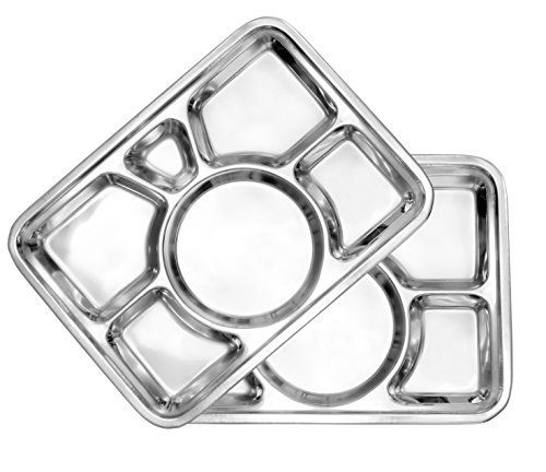 Product Cover Darware Cafeteria Mess Trays (2-Pack); Stainless Steel 15 in. x 11 in. Rectangular 6-Compartment Divided Plates/Cafeteria Food Trays