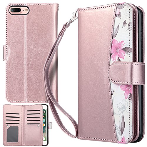 Product Cover UrbanDrama for iPhone 7 Plus Case, iPhone 8 Plus Case, Floral Flip Wallet Folio Cover PU Leather Kickstand Credit Card Slot Holder Protective Case for iPhone 7 Plus, 8 Plus 5.5 Inches, Rose Gold