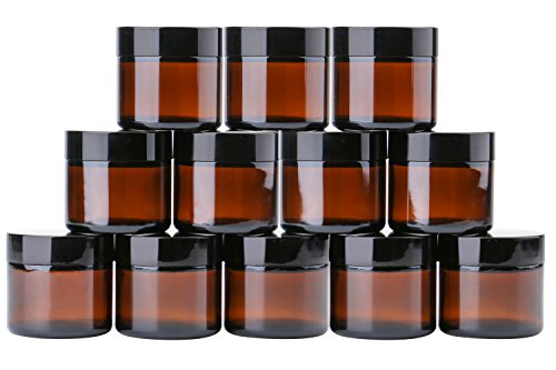 Product Cover 2 oz Round Glass Jars (12 Pack) - Empty Cosmetic Containers with Inner Liners, black Lids and Glass Sample Jars with lables (Amber) by THETIS Homes