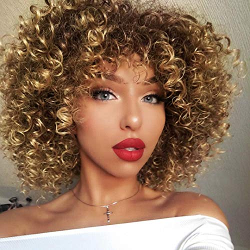 Product Cover AISI QUEENS Afro Wigs For Black Women Short Kinky Curly Full Wigs Brown Mixed Blonde Synthetic Heat Resistant Wigs For African Women With Wig Cap