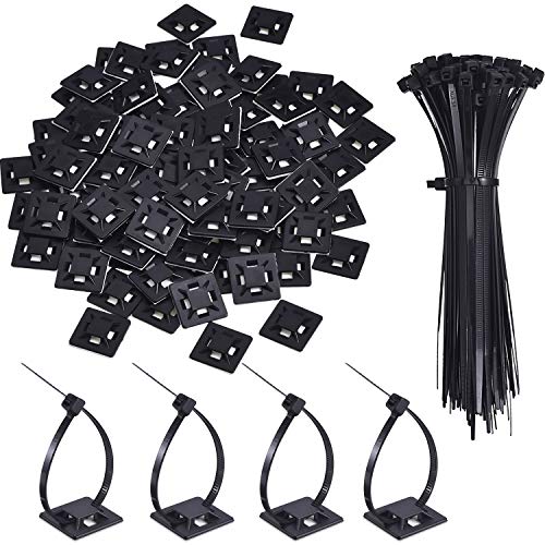 Product Cover 100 Pack Zip Tie Adhesive Mounts Self Adhesive Cable Tie Base Holders with Multi-Purpose Cable Tie (Length 150 mm, Width 2 cm, Black)