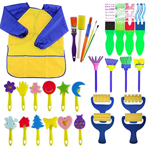 Product Cover EVNEED Paint Sponges for Kids,29 pcs of Fun Paint Brushes for Toddlers.Coming with Sponge Brush, Flower Pattern Brush, Brush Set, Long Sleeve Waterproof Apron with 3 Roomy Pockets