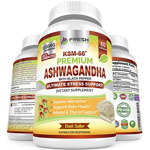 Product Cover Organic Ashwagandha KSM-66 by Fresh Healthcare, 1200mg Pure and Potent Root Extract Capsules with Natural Black Pepper for High Absorption, Non-GMO Vegan Supplement Pills, Bonus E-Book with Purchase
