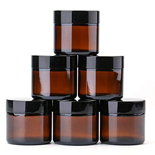 Product Cover 2 oz Round Glass Jars (6 Pack) - Empty Cosmetic Containers with Inner Liners, black Lids and Glass Sample Jars with lables (Amber) by THETIS Homes