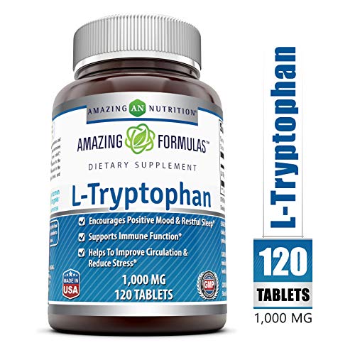 Product Cover Amazing Formulas L-Tryptophan - 1000 Mg, 120 Tablets - Encourages Positive Mood & Restful Sleep - Supports Immune Function - Helps to Improve Circulation & Reduce Stress.