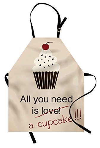 Product Cover Lunarable Inspirational Apron, All You Need is Love Cupcakes Bakery Card Food Concept Cherry on Top, Unisex Kitchen Bib with Adjustable Neck for Cooking Gardening, Adult Size, Coral Cream