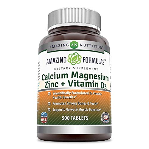 Product Cover Amazing Formulas Calcium Magnesium Zinc + D3-500 Tablets Per Bottle (Calcium 1000mg - Magnesium 400mg - Zinc 25mg Plus Vitamin D3 600 IU - Per Serving of 3 Tablets) (Non-GMO,Gluten Free)