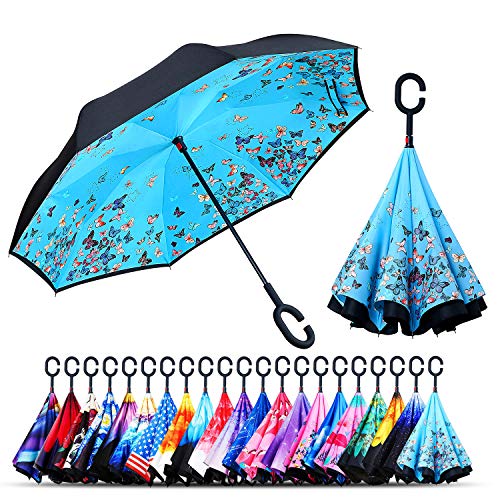 Product Cover Owen Kyne Windproof Double Layer Folding Inverted Umbrella, Self Stand Upside-Down Rain Protection Car Reverse Umbrellas with C-Shaped Handle (Blue Butterfly)