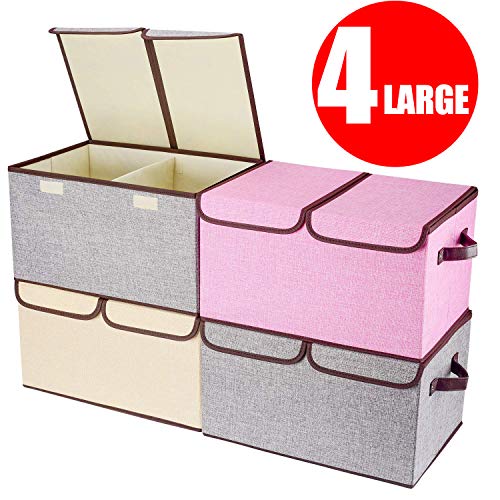 Product Cover Larger Storage Cubes [4-Pack] Senbowe Linen Fabric Foldable Collapsible Storage Cube Bin Organizer Basket with Lid, Handles, Removable Divider For Home, Nursery, Closet - (17.7 x 11.8 x 9.8