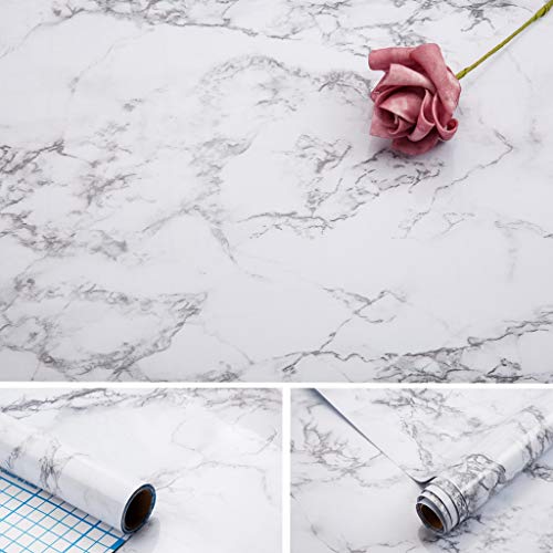 Product Cover Arthome Marble Paper,17x100 inch Self Adhesive Wallpaper Waterproof Gloss PVC Vinyl, Oil Proof,White/Gray Granite Paper,Marble Vinyl Paper for Furniture Cover Surface,Countertop,Kitchen,Shelf Liner