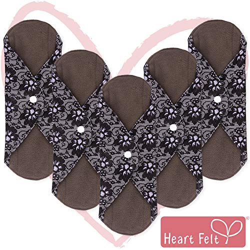 Product Cover Sanitary Reusable Cloth Menstrual Pads by Heart Felt. XL 5 Pack Washable Natural Organic Napkins with Charcoal Absorbency Layer. Overnight Long Panty Liners for Comfort Support and Incontinence