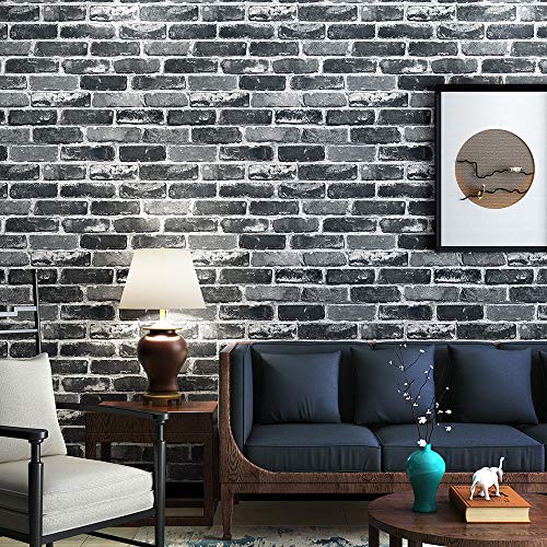 Product Cover Akea Gray Brick Wallpaper Roll, 3D Effect Fake Faux Brick Blocks Vintage Home Decoration (Grey)