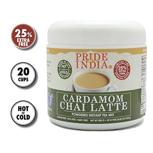 Product Cover Pride Of India - Cardamom Chai Latte - Powdered Instant Tea Premix, 8.82oz (250gm) Jar - Makes 20-25 Cups - Amazing Flavor, Hold or Iced, Very Low Caffeine, Ready in seconds, Great for Gifting & Party