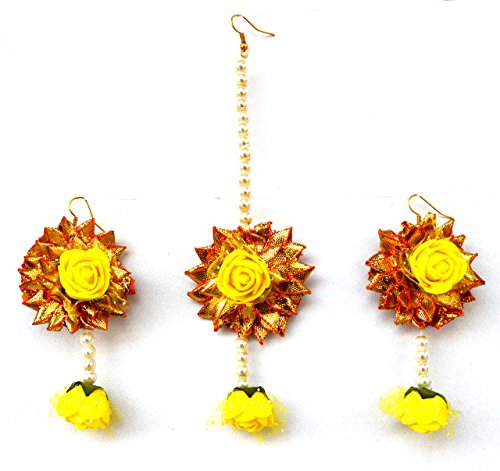 Product Cover Floret Jewelry Yellow Flower Gota Patti Earrings And Mang Tika For Women & Girls (Mehandi/Haldi/Wedding)