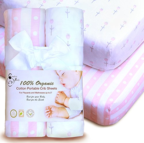 Product Cover 100% Organic Cotton Sheets for Pack 'n Play and Other Portable/Mini Cribs,Pink/White Girl's 2 Pack, for Playard or up to 5