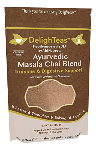Product Cover Ayurvedic Organic Masala Chai powder; No added sugar or sweetener; 4oz (100 Servings) - Caffeine free - Made with Ceylon (true) Cinnamon - Great for Vegan Lattes and Smoothies
