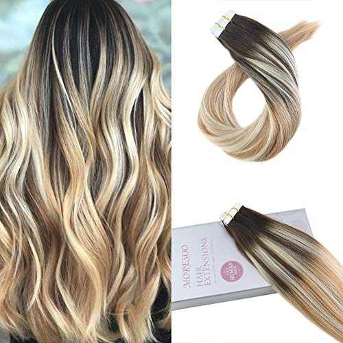 Product Cover Moresoo 16 Inch Thick Hair Extensions Tape in Real Hair Color #2 Brown Fading to Blonde #27 Mixed #613 20pcs 50g Per Pack Remy Human Hair Medium Length Straight Hair
