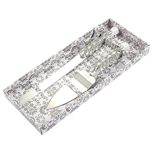 Product Cover Silver Cake Server Set - Stainless Steel Wedding Knife with Diamonds, Crystals, Ribbon Wrapped Around Handle