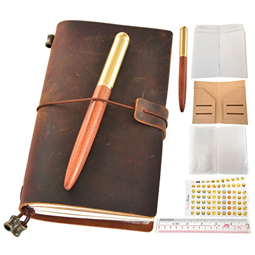 Product Cover LEAFPAQ Handmade Genuine Leather Journal Refillable Travelers Notebook and Wood Pen Gift Set for Men & Women Vintage Antique Wooden Barrel Pen & Writing Bound Bullet Journal to Write in, 6.9 x 4.3''
