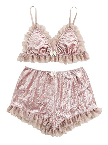 Product Cover DIDK Women's Lace Trim Velvet Bralette and Shorts Pajama Set