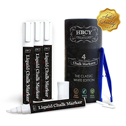 Product Cover HBCY Creations Liquid Chalk Markers Set - 4 White Non-Toxic Erasable Chalkboard Markers - For Chalk Boards, Glass, Labels & Car Windows! 2 Extra Chisel & Bullet Tips, Tweezers & Chalk Pen Holder!